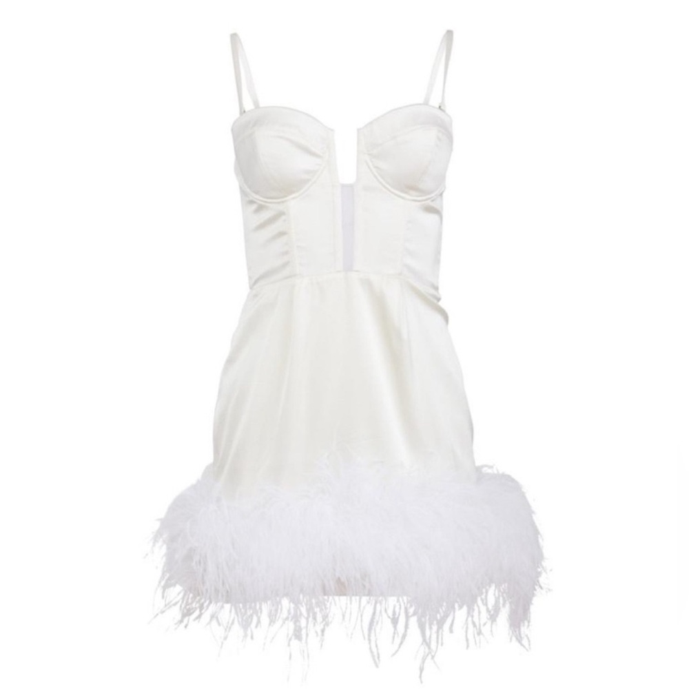 Fleur du Mal White Feather Trim Mini Dress